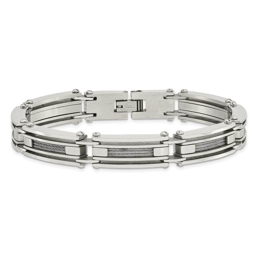 Men's Stainless Steel with Brushed Cable Inlay 9 Inch Bracelet