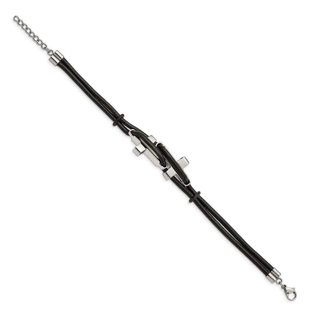 Men's Black Leather and Stainless Steel Cross 8.25 Inch Bracelet