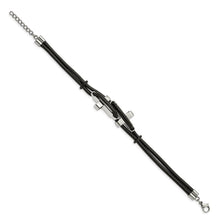 Men's Black Leather and Stainless Steel Cross 8.25 Inch Bracelet