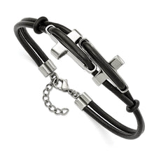 Men's Black Leather and Stainless Steel Cross 8.25 Inch Bracelet