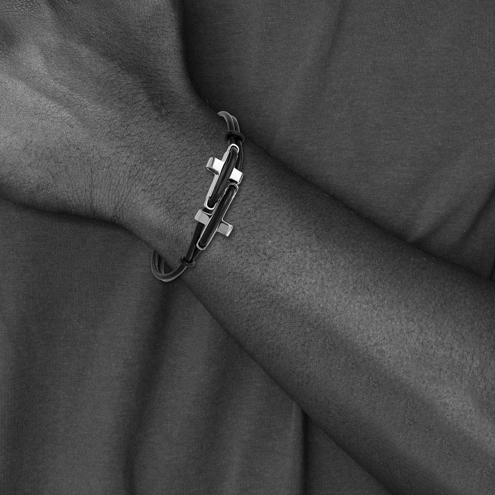 Men's Black Leather and Stainless Steel Cross 8.25 Inch Bracelet
