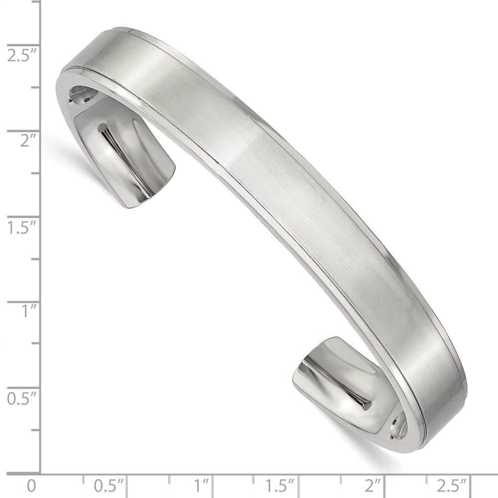 Mens Stainless Steel 11mm Polished & Brushed Ridged Edge Cuff Bracelet