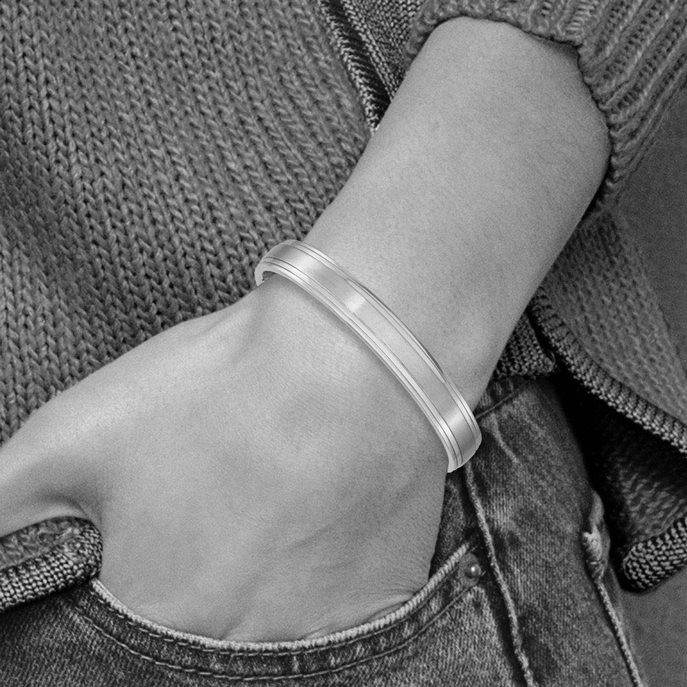 Mens Stainless Steel 10mm Polished/Brushed Dbl Step Edge Cuff Bracelet