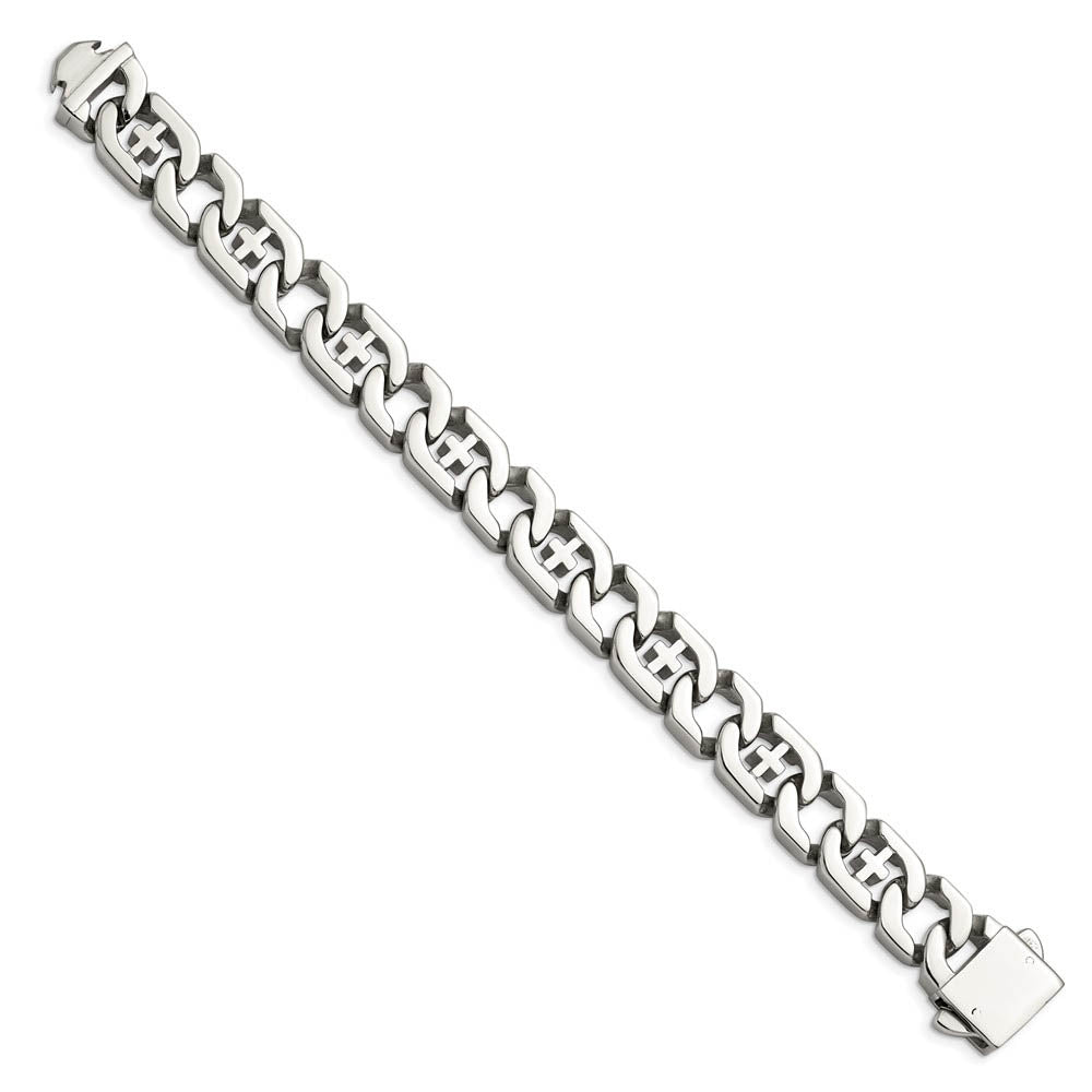 Men's 14mm Curb Link with Crosses Stainless Steel Bracelet, 8.5 Inch