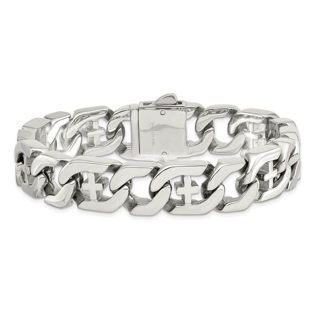 Men's 14mm Curb Link with Crosses Stainless Steel Bracelet, 8.5 Inch