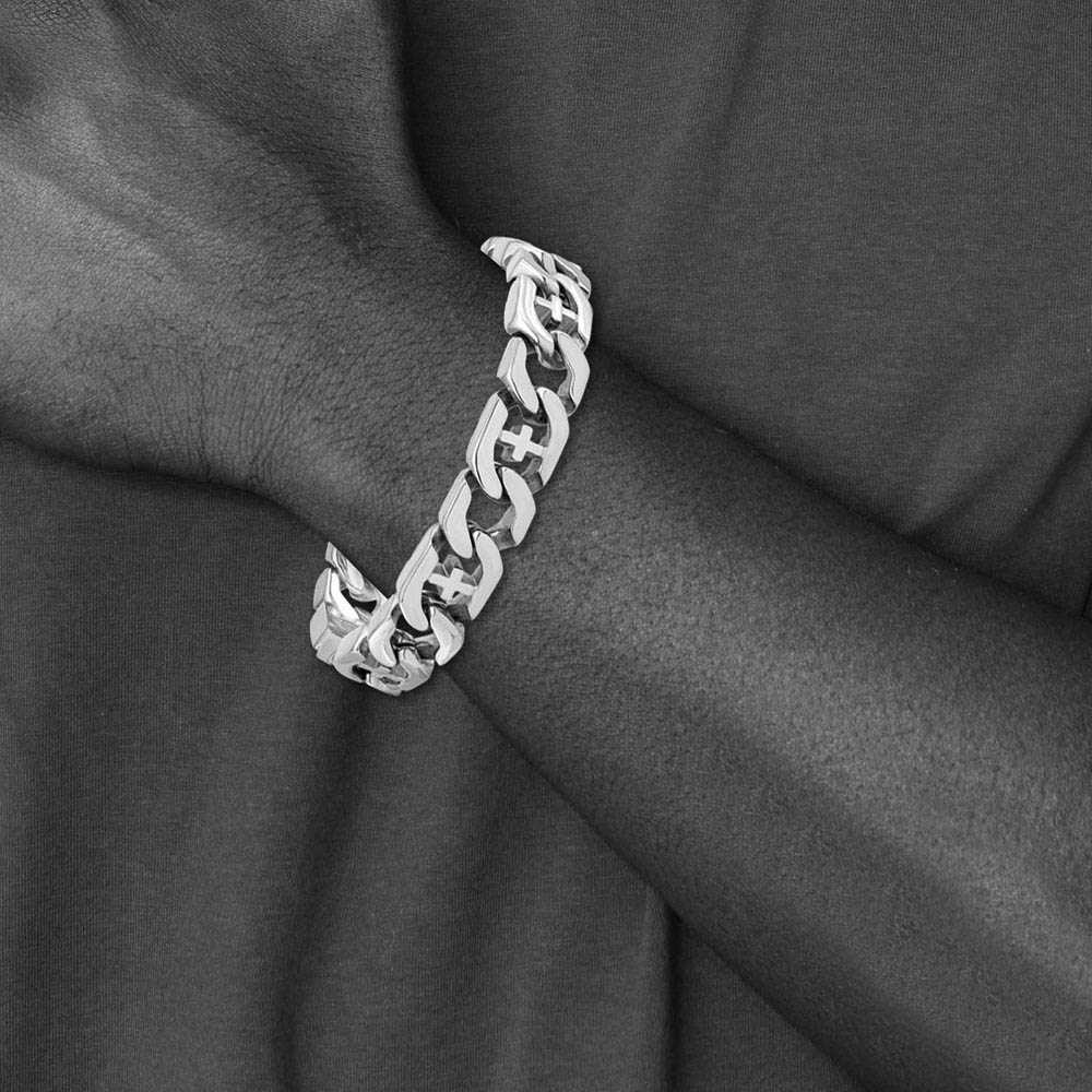 Men's 14mm Curb Link with Crosses Stainless Steel Bracelet, 8.5 Inch
