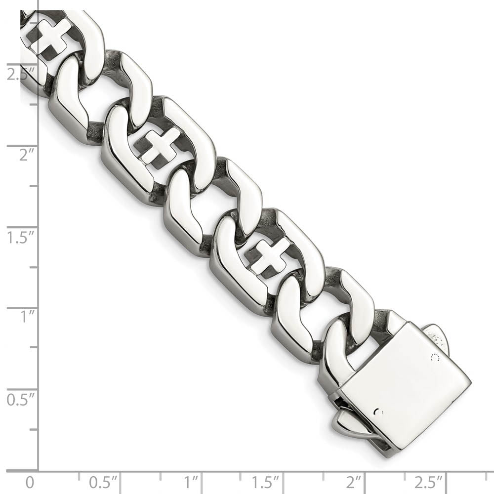 Men's 14mm Curb Link with Crosses Stainless Steel Bracelet, 8.5 Inch