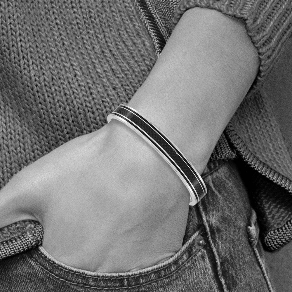 Men's 10mm Stainless Steel, Black Plated & Carbon Fiber Cuff Bracelet
