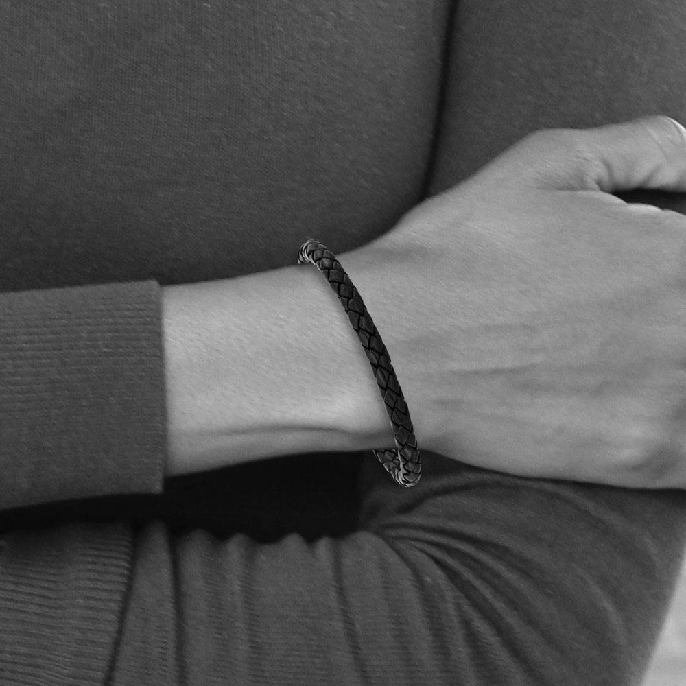 Stainless Steel Black or Black/Orange Leather 7mm Woven Bracelet, 9 In
