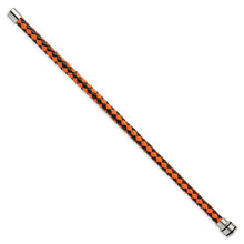 Stainless Steel Black or Black/Orange Leather 7mm Woven Bracelet, 9 In