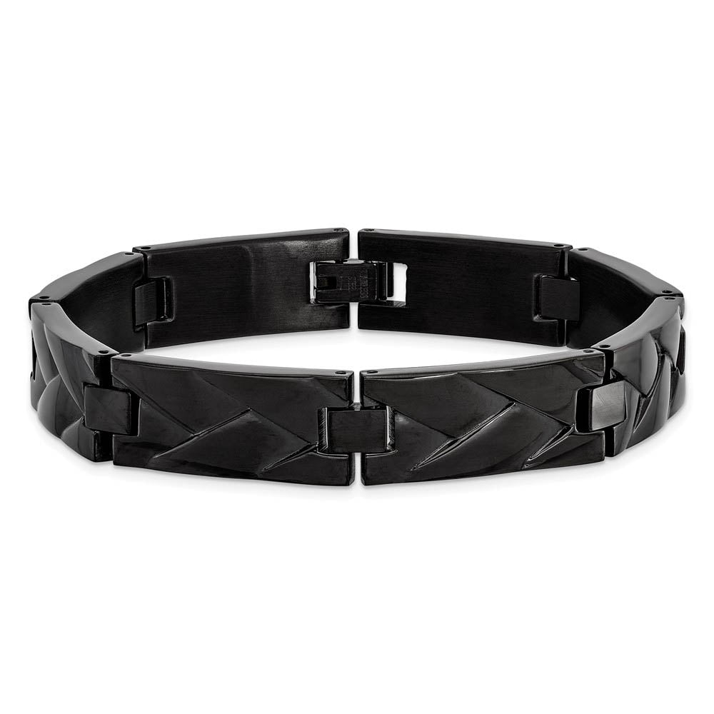 12mm Black Plated Stainless Steel Grooved Weave Link Bracelet, 9 Inch