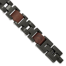 15mm Black Plated Stainless Steel & Wood Link Adj. Bracelet, 8.5 Inch