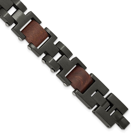 15mm Black Plated Stainless Steel & Wood Link Adj. Bracelet, 8.5 Inch