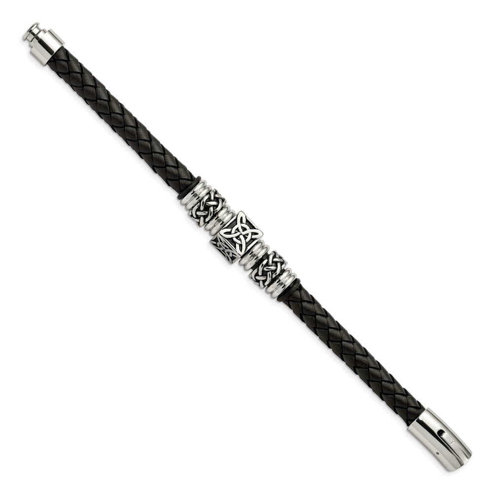 Stainless Steel & Black Leather 13mm Celtic Knot Bracelet, 8.5 Inch