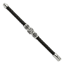 Stainless Steel & Black Leather 13mm Celtic Knot Bracelet, 8.5 Inch