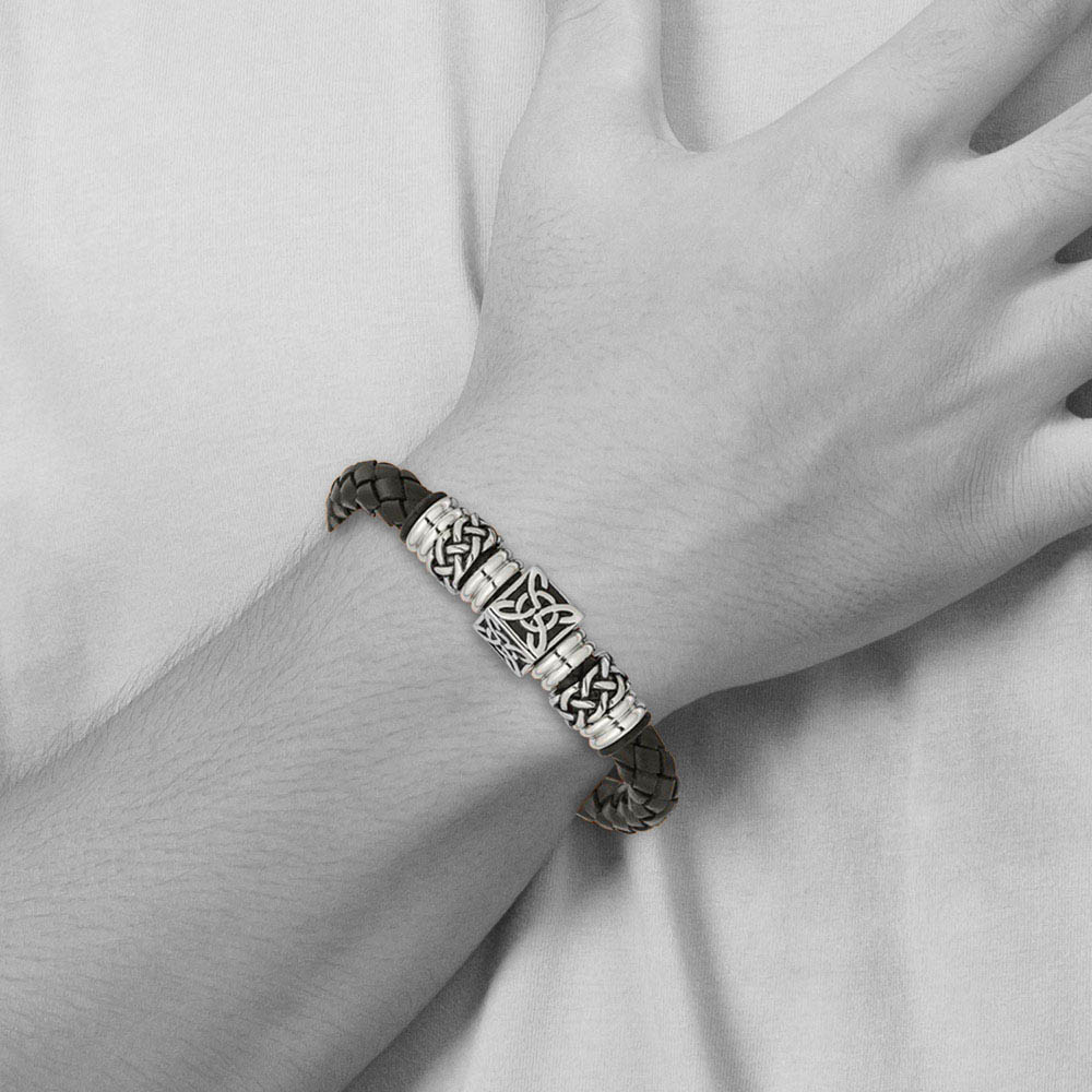 Stainless Steel & Black Leather 13mm Celtic Knot Bracelet, 8.5 Inch