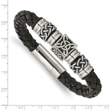 Stainless Steel & Black Leather 13mm Celtic Knot Bracelet, 8.5 Inch