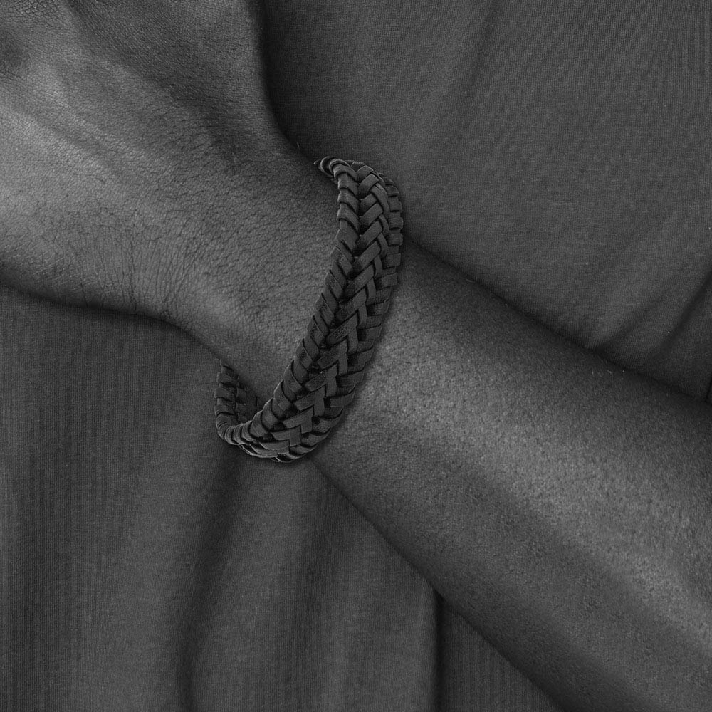 17.5mm Stainless Steel Two Tone Brown Leather Braided Bracelet, 8.5 In
