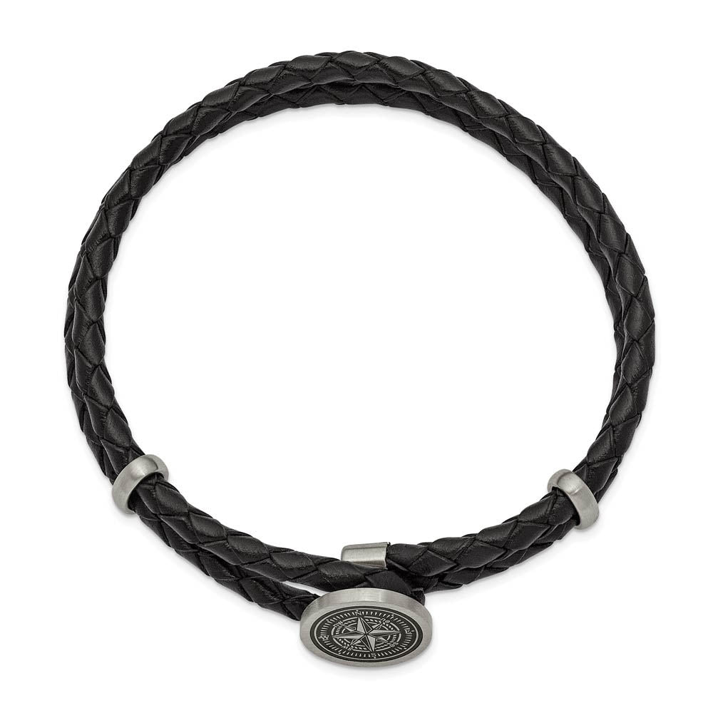 Stainless Steel & Black Leather Lasered Compass Bracelet, 8.5 Inch