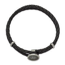 Stainless Steel & Black Leather Lasered Compass Bracelet, 8.5 Inch