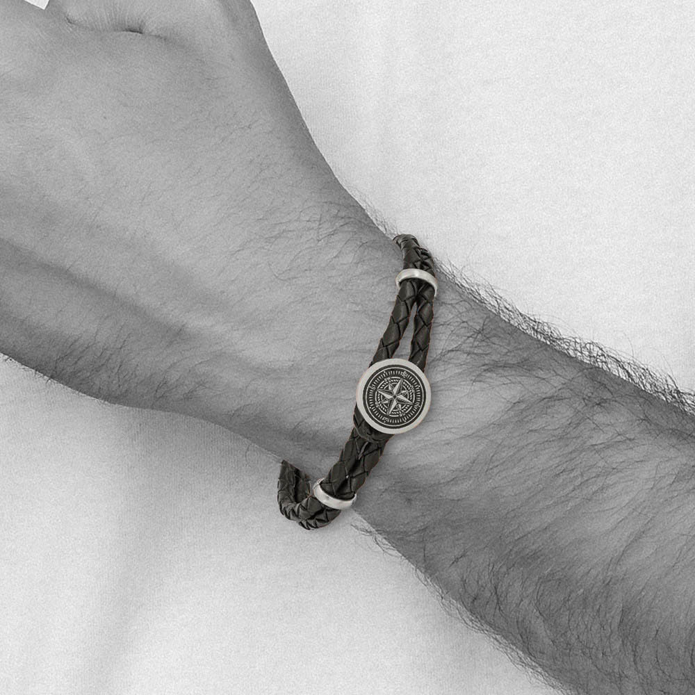 Stainless Steel & Black Leather Lasered Compass Bracelet, 8.5 Inch