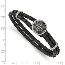 Stainless Steel & Black Leather Lasered Compass Bracelet, 8.5 Inch