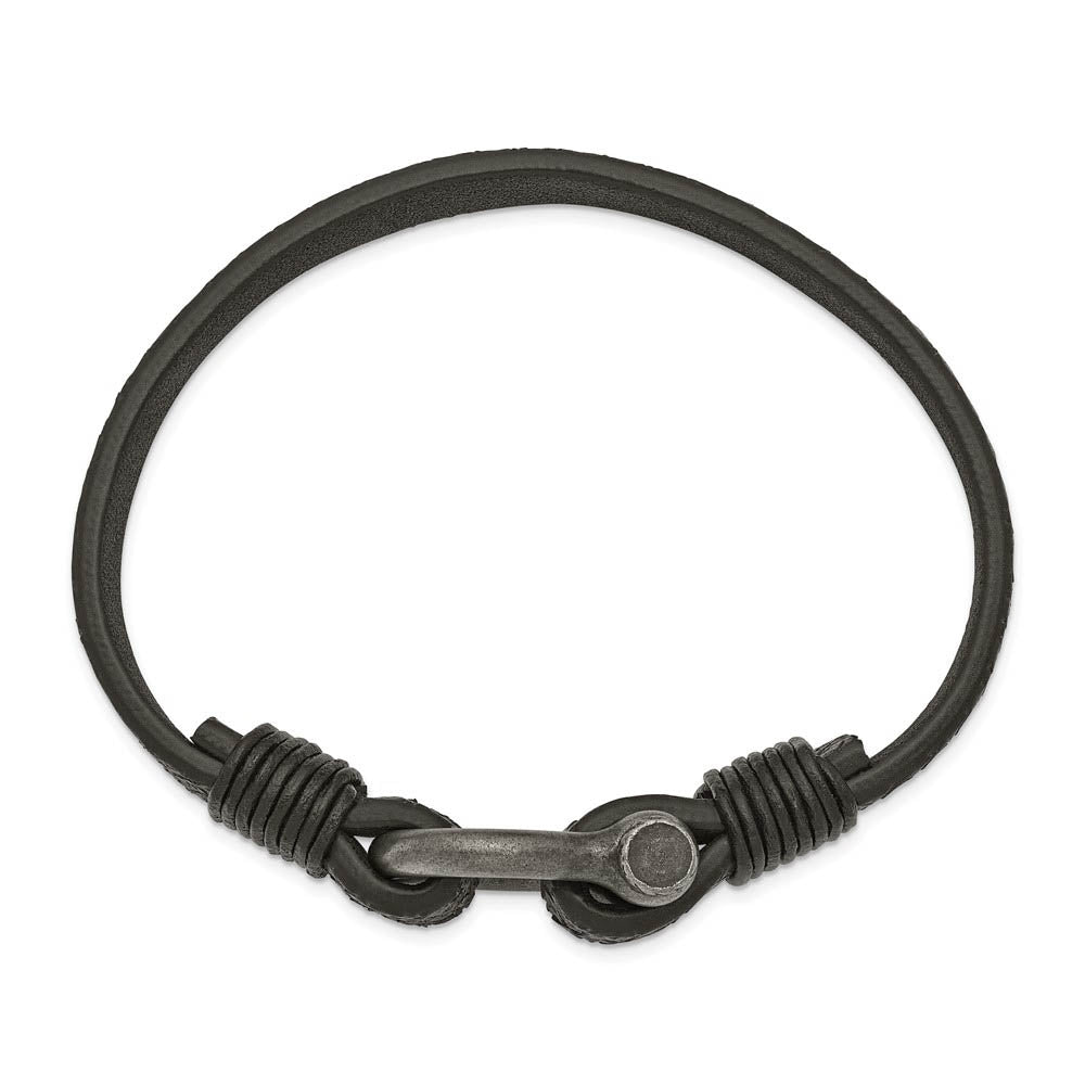 Antiqued Plated Stainless Steel Black Leather Shackle Bracelet, 8 Inch