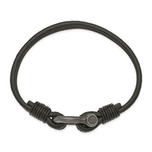 Antiqued Plated Stainless Steel Black Leather Shackle Bracelet, 8 Inch