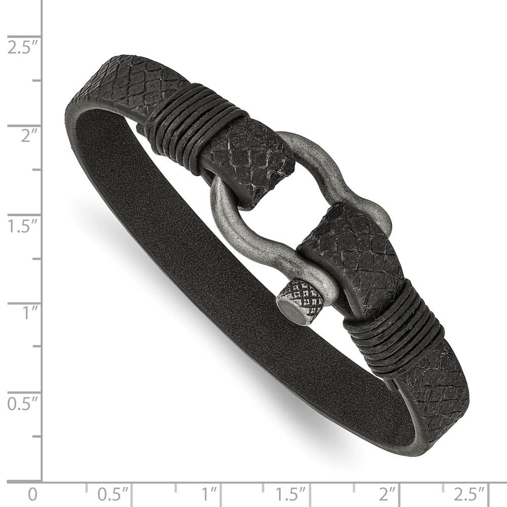 Antiqued Plated Stainless Steel Black Leather Shackle Bracelet, 8 Inch