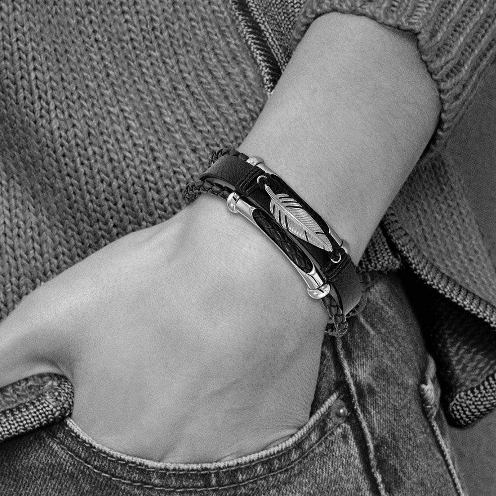Stainless Steel Black Leather Multi Strand Feather Bracelet, 8.25 Inch