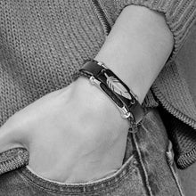 Stainless Steel Black Leather Multi Strand Feather Bracelet, 8.25 Inch
