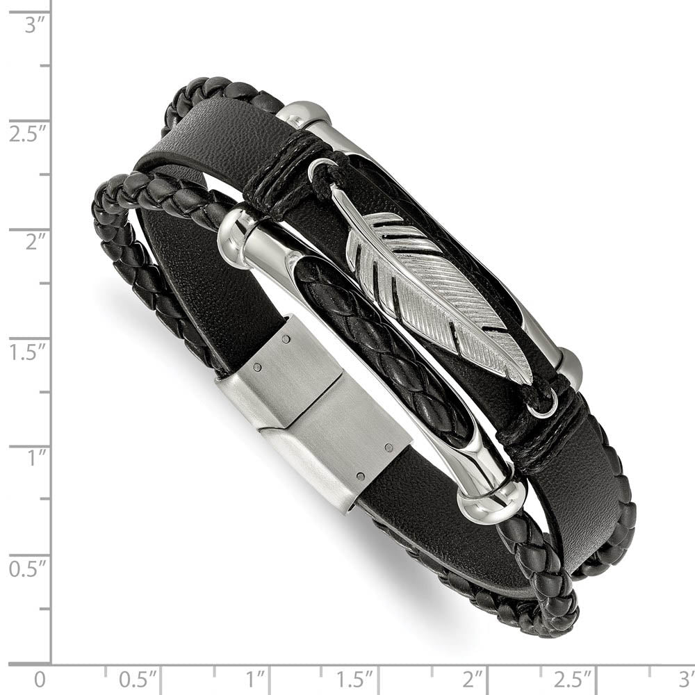 Stainless Steel Black Leather Multi Strand Feather Bracelet, 8.25 Inch