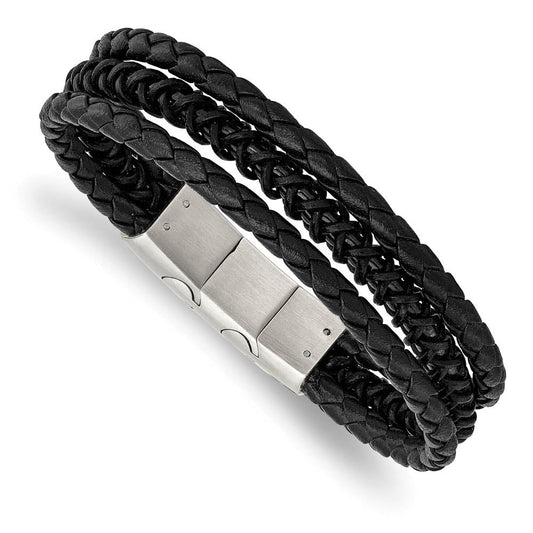Two Tone Stainless Steel Black Leather Adj. Strand Bracelet, 7.5-8 In