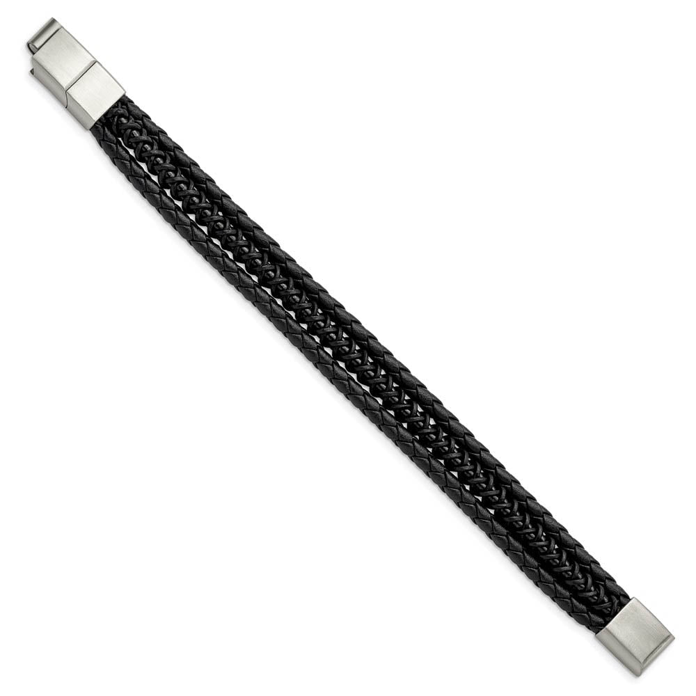 Two Tone Stainless Steel Black Leather Adj. Strand Bracelet, 7.5-8 In