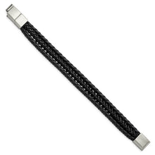 Two Tone Stainless Steel Black Leather Adj. Strand Bracelet, 7.5-8 In