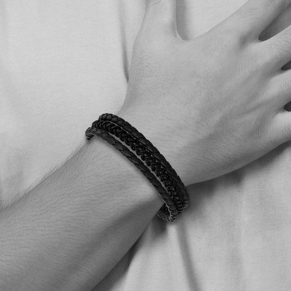 Two Tone Stainless Steel Black Leather Adj. Strand Bracelet, 7.5-8 In