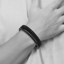 Two Tone Stainless Steel Black Leather Adj. Strand Bracelet, 7.5-8 In