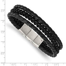 Two Tone Stainless Steel Black Leather Adj. Strand Bracelet, 7.5-8 In