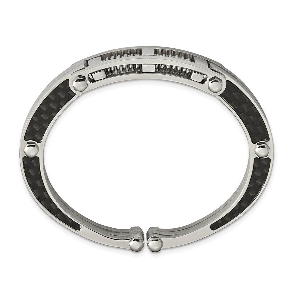 Men's Stainless Steel & Black Carbon Fiber 11mm Hinged Cuff Bracelet