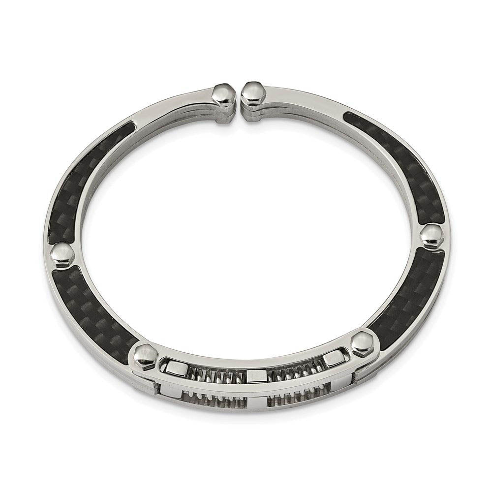 Men's Stainless Steel & Black Carbon Fiber 11mm Hinged Cuff Bracelet