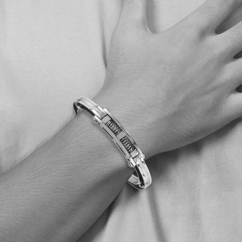 Men's Stainless Steel & Black Carbon Fiber 11mm Hinged Cuff Bracelet