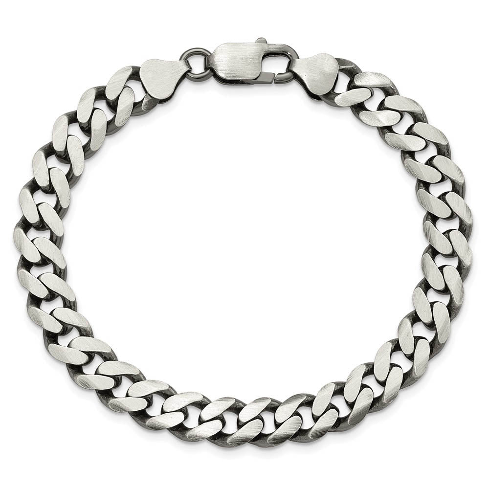 Men's 9mm Sterling Silver Solid Antiqued Flat Curb Chain Bracelet