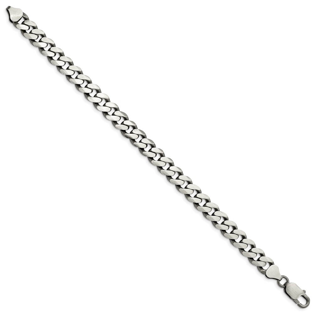 Men's 9mm Sterling Silver Solid Antiqued Flat Curb Chain Bracelet
