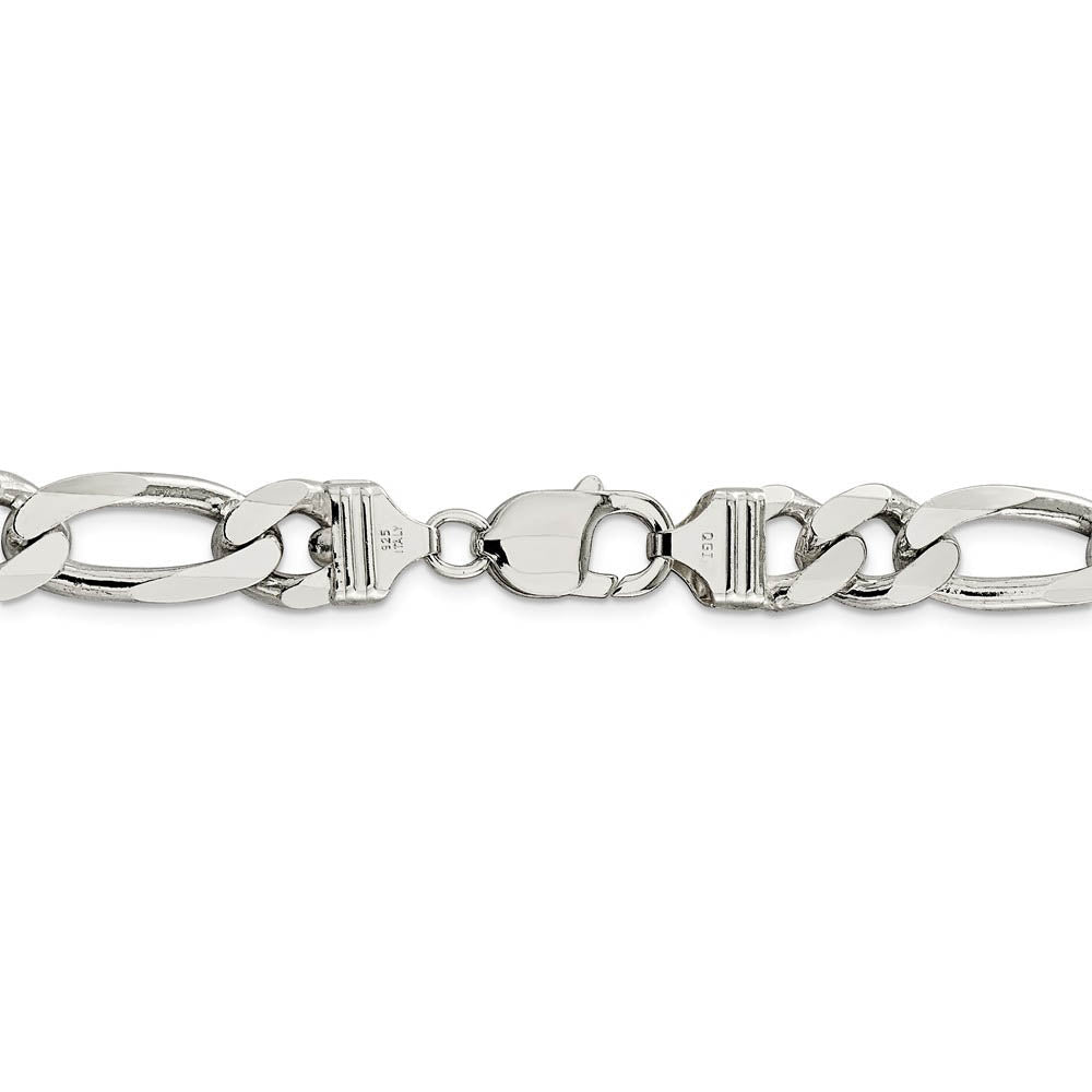 Men's 10.75mm, Sterling Silver, Solid Figaro Chain Bracelet