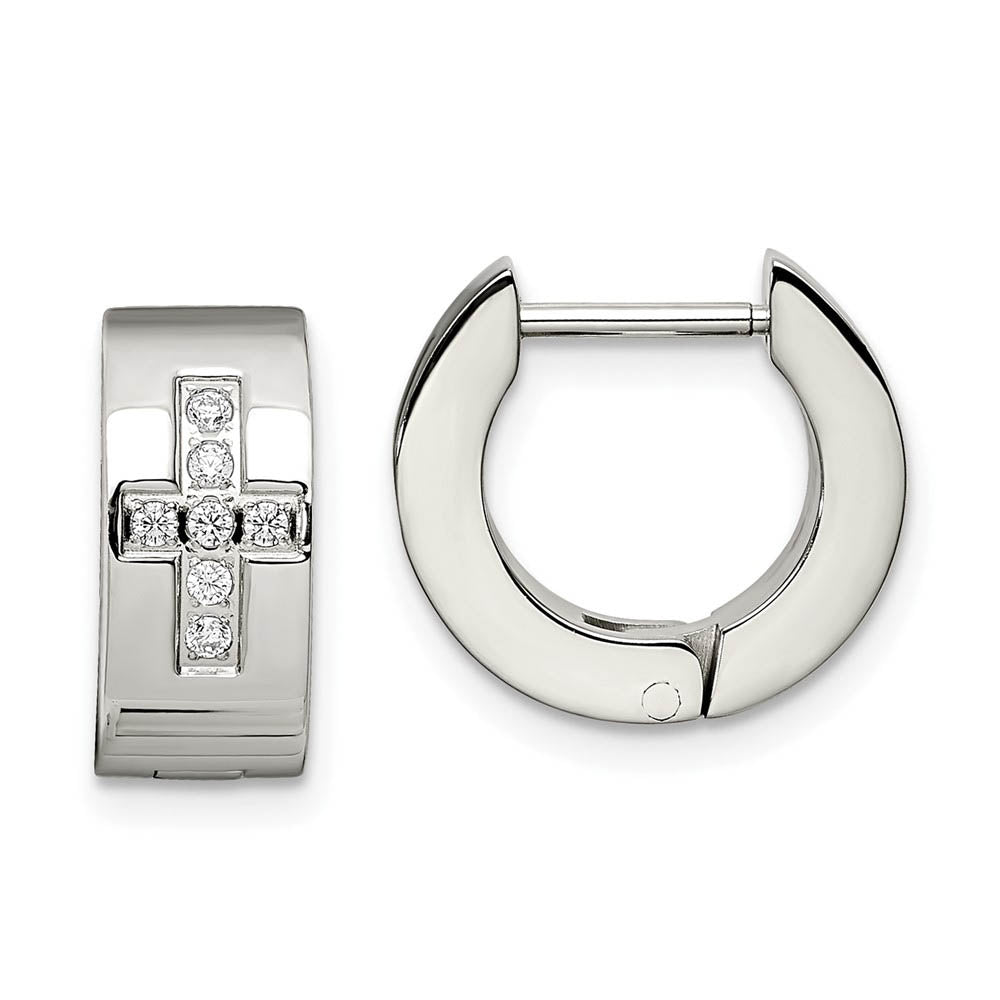 Stainless Steel CZ Cross Hinged Round Hoop Earrings, 6 x 14mm