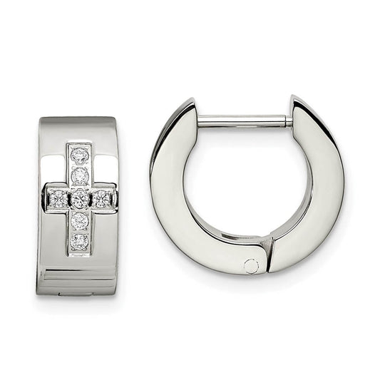 Stainless Steel CZ Cross Hinged Round Hoop Earrings, 6 x 14mm
