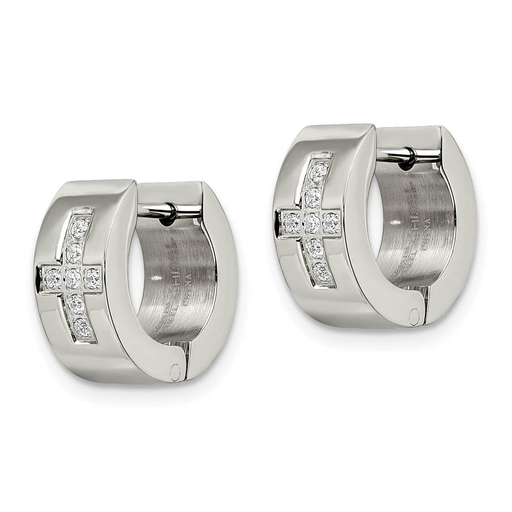 Stainless Steel CZ Cross Hinged Round Hoop Earrings, 6 x 14mm