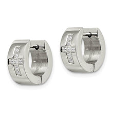 Stainless Steel CZ Cross Hinged Round Hoop Earrings, 6 x 14mm