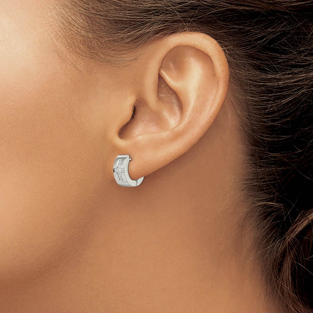 Stainless Steel CZ Cross Hinged Round Hoop Earrings, 6 x 14mm