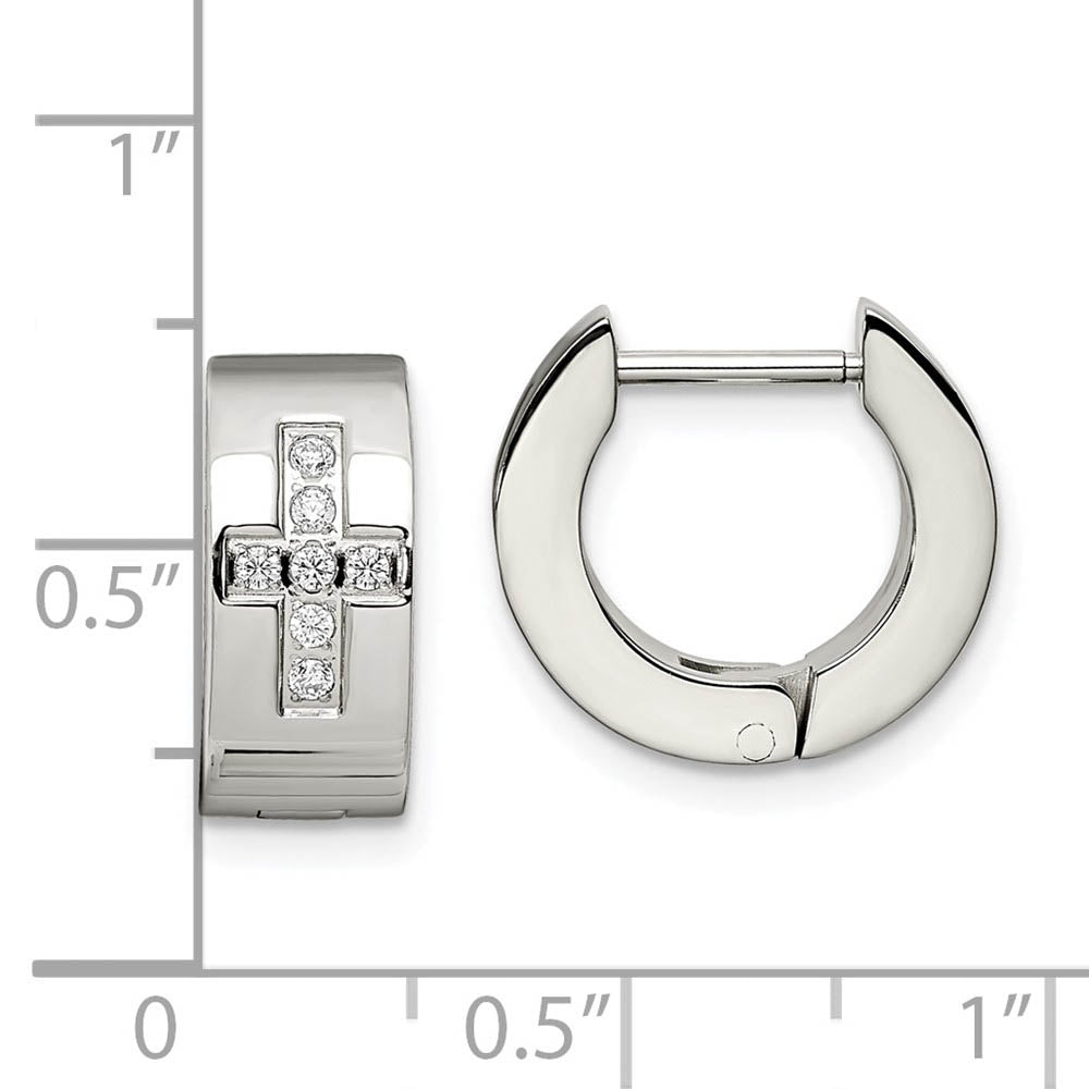 Stainless Steel CZ Cross Hinged Round Hoop Earrings, 6 x 14mm